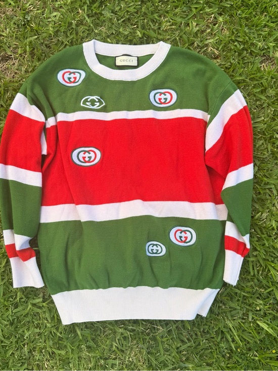Gucci Sweaters - Gucci Green, Red & White Striped Crewneck Sweater with Logo Patches